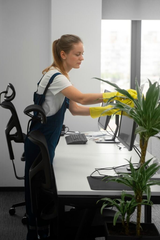 full shot woman cleaning indoors